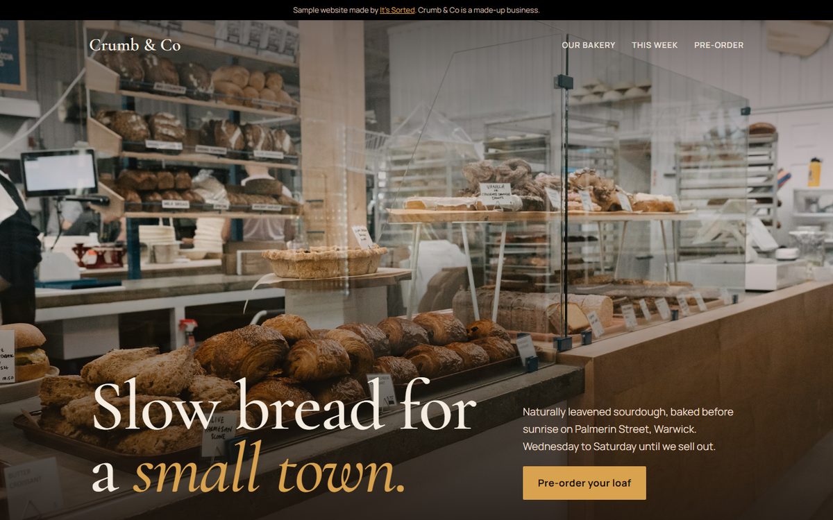 Homepage of the Crumb and Co sample website
