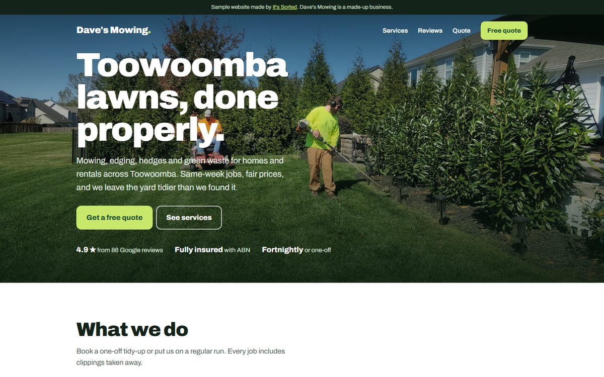 Homepage of the Dave's Mowing sample website